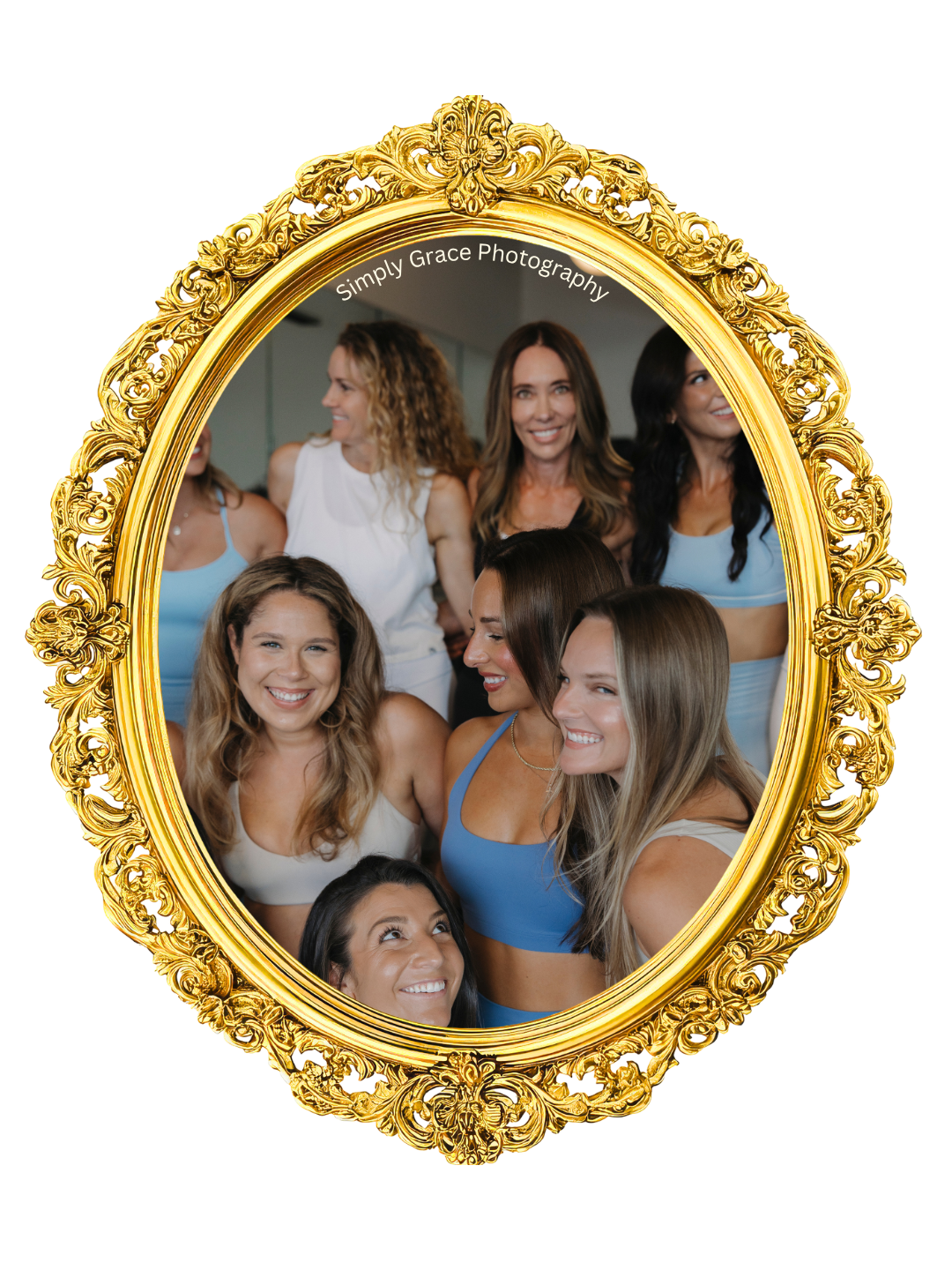 Group of women smiling and posing for a picture inside a decorative gold mirror frame, in a studio setting with the text 'Simply Grace Photography' at the top. Jacksonville Florida event and business content creator