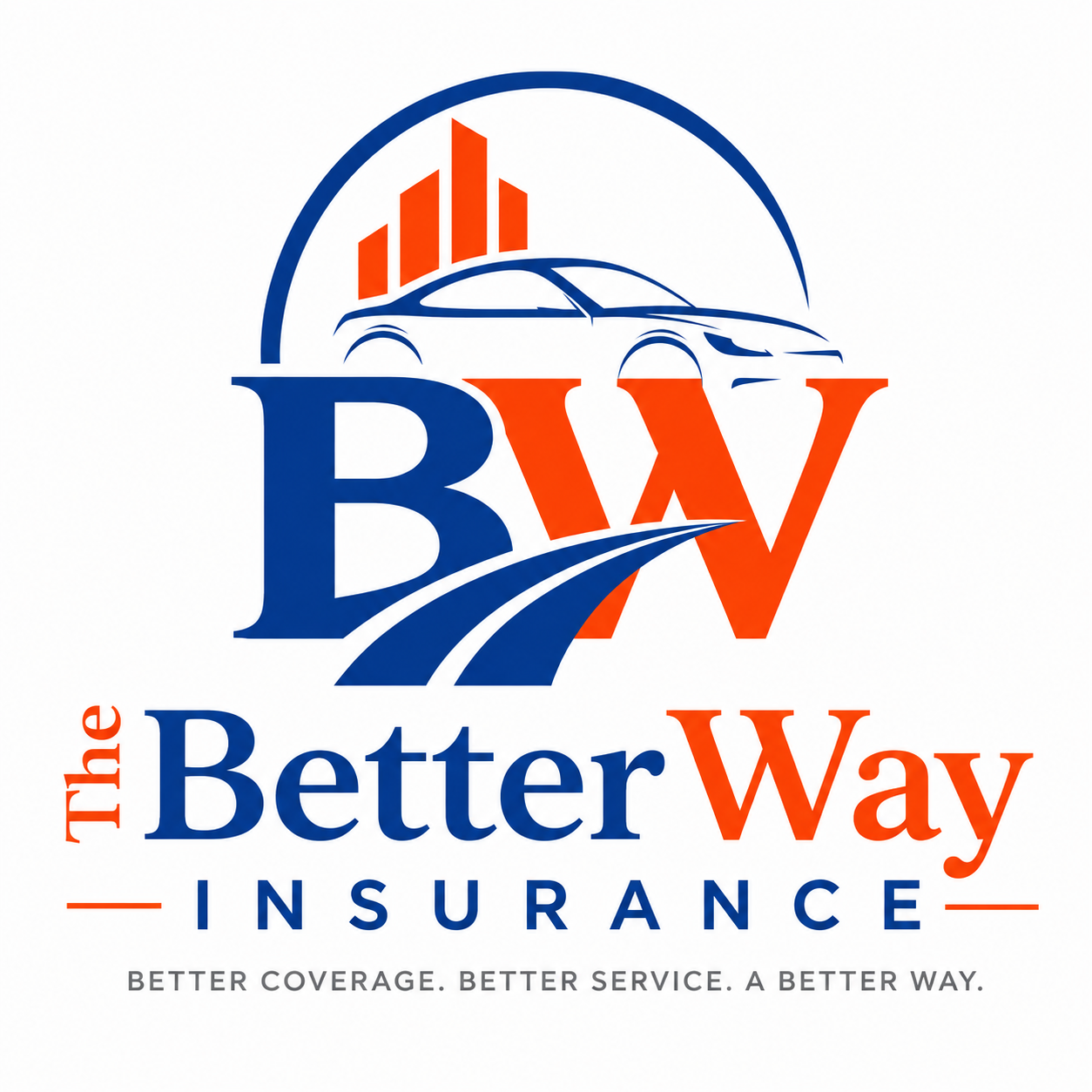 Logo for The Better Way Insurance featuring a stylized car, upward bar graph, and the text 'The Better Way Insurance' with the tagline 'Better Coverage. Better Service. A Better Way.'