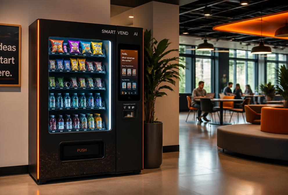 A vending machine filled with snacks and beverages next to a potted plant in a modern, well-lit lounge or cafe area with people working at tables in the background.