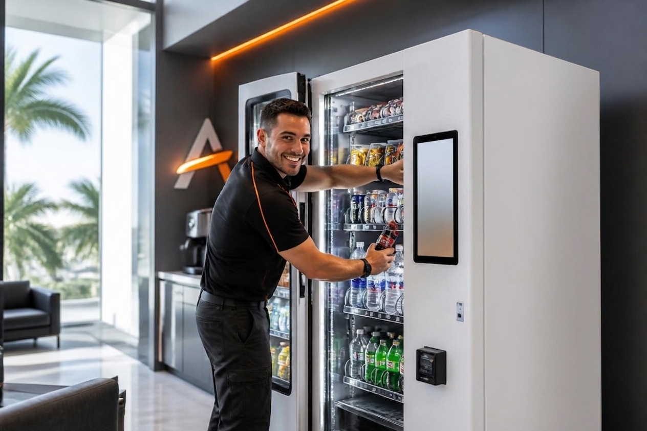 A man in a black uniform is using a vending machine to get a bottled beverage. The vending machine is filled with various drinks, and the setting appears to be a modern lounge area with large windows and palm trees outside.