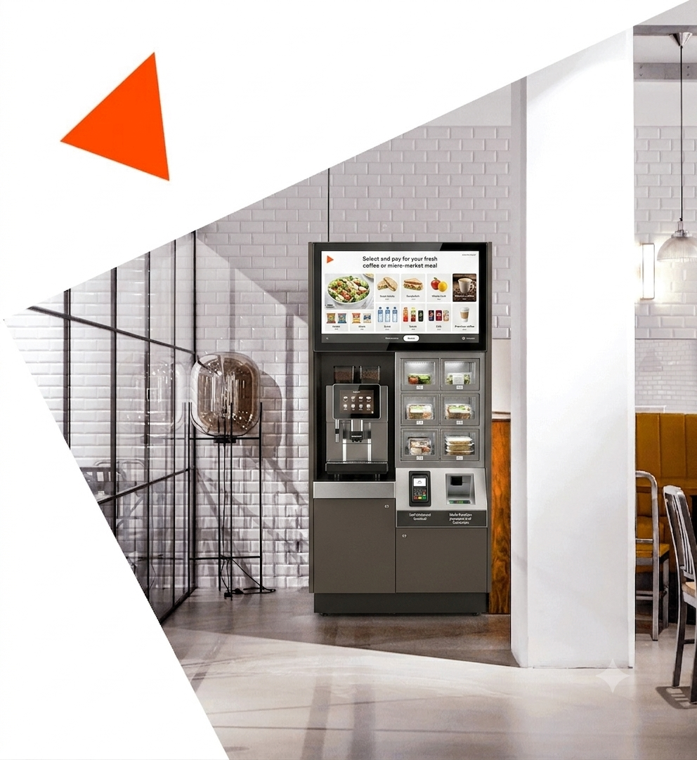A modern food ordering kiosk in a restaurant with a touchscreen menu for selecting and paying for meals.