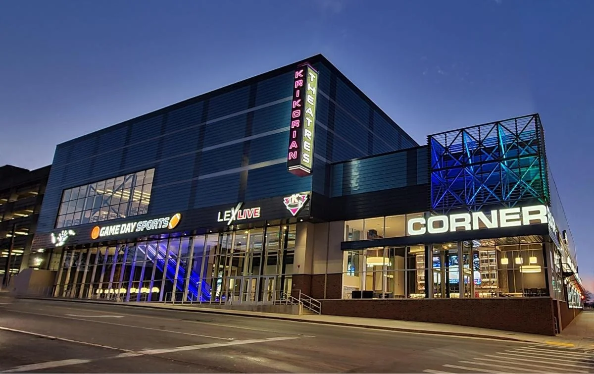 Exterior of Lex Live and Corner Bar in Lexington, Kentucky at dusk.