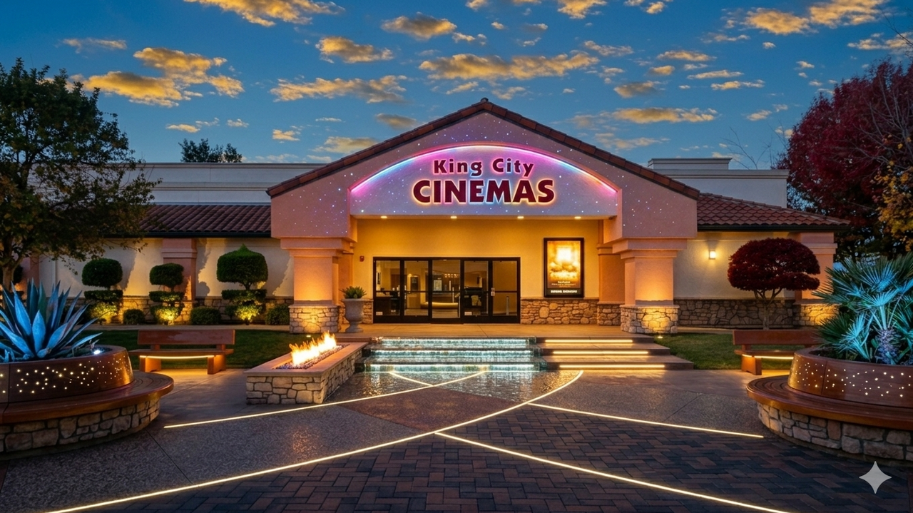 Exterior of King City Cinemas, of King City, California, during dusk, with illuminated signage and decorative lighting on the pathway leading to the entrance, surrounded by landscaped plants and trees.