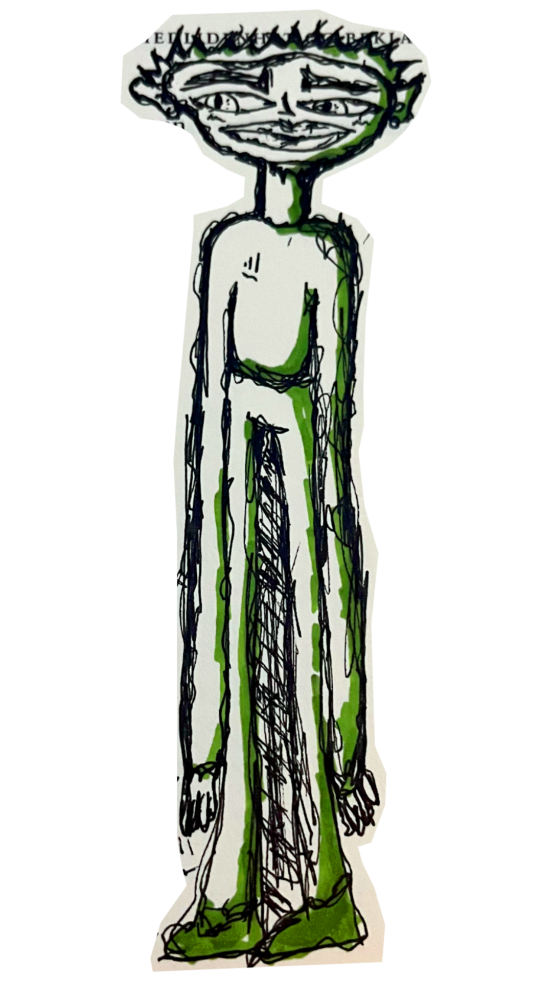 A rough sketch of a humanoid figure with a large, smiling face that has multiple eyes and spiky hair. The figure is drawn with black and green lines, has a slender body, and is standing upright with arms hanging down.