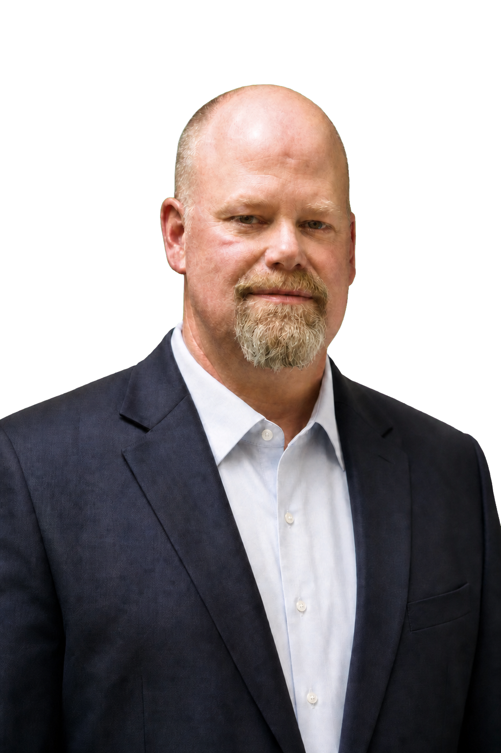 A middle-aged man with a bald head, beard, and mustache wearing a dark business suit and a white shirt, standing against a black and purple background.