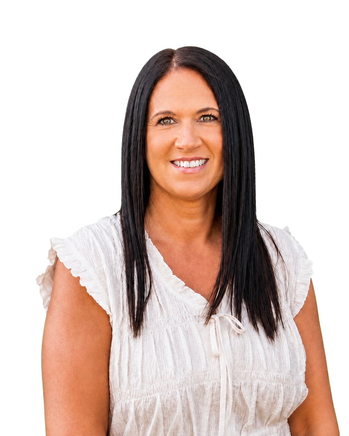 A woman with long black hair smiling, wearing a cream-colored ruffled blouse, against a multi-colored abstract background.