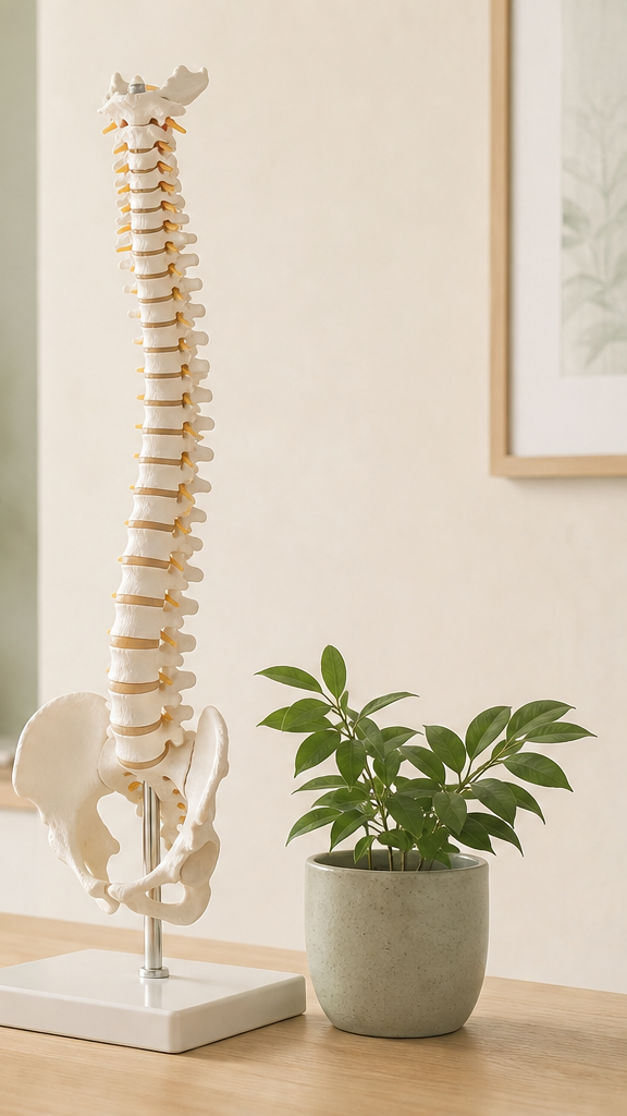 A model of a human spine with a pelvis on a table next to a potted green plant.