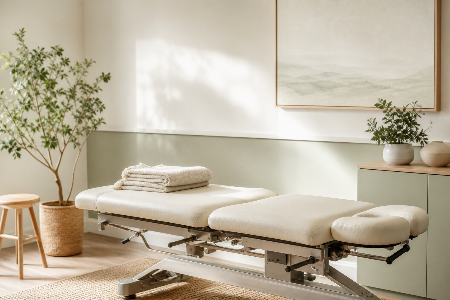 A treatment or examination room with an adjustable medical or massage table, folded towels, potted plants, artwork on the wall, and natural sunlight