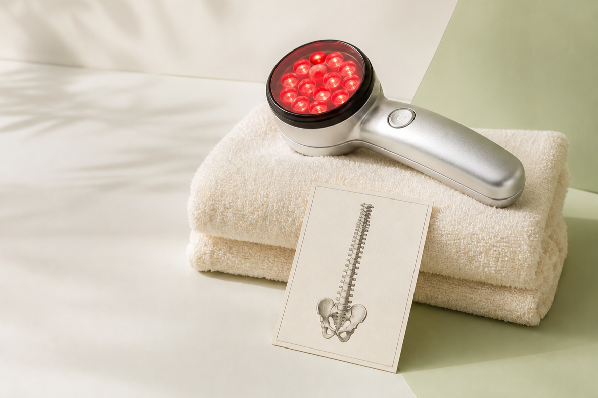 A massage tool with red light therapy bulbs resting on a folded towel, next to a diagram of a human spine.
