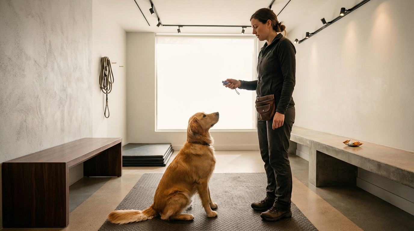 A woman training a golden retriever inside a minimalistic room with a bench and window, the dog sitting and looking at the woman.