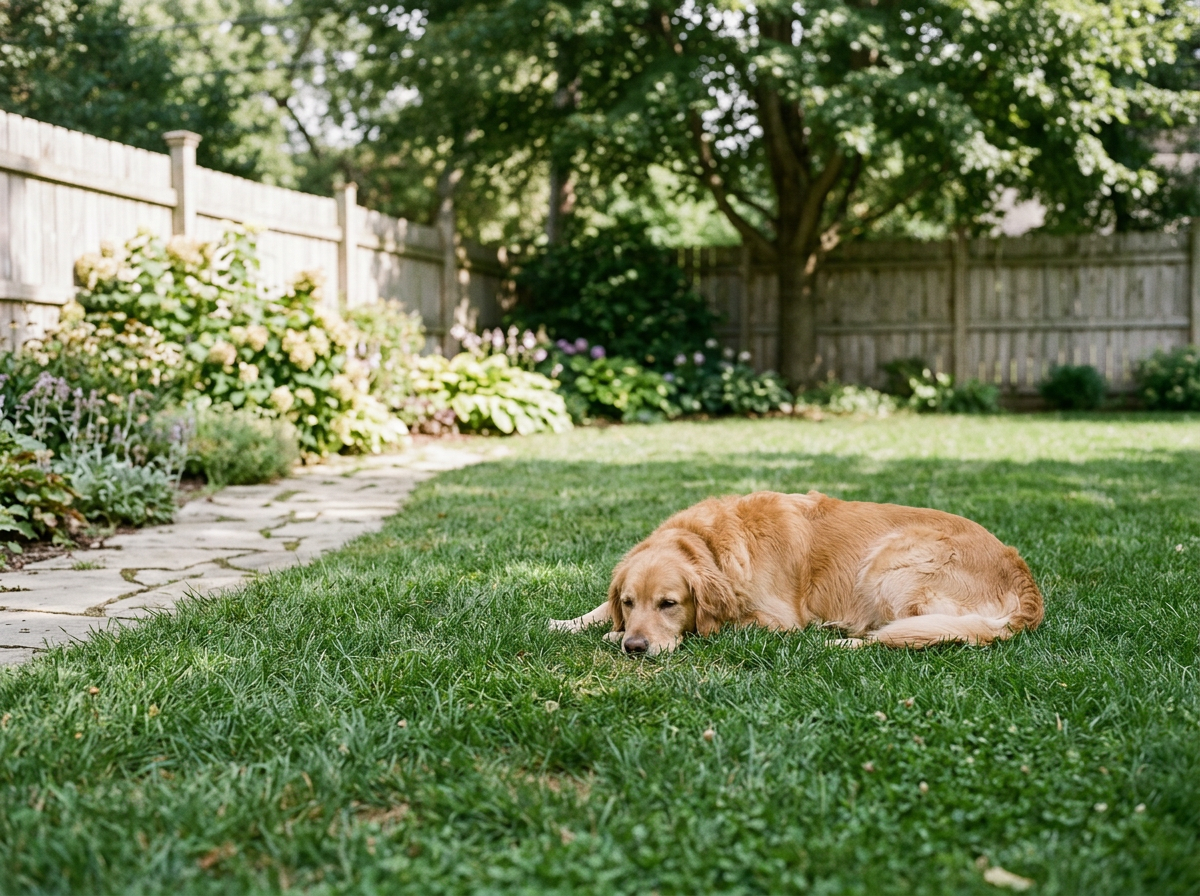 A golden retriever dog lying on the grass in a backyard, near a flower bed and a stone pathway, under a large tree with a wooden fence in the background.