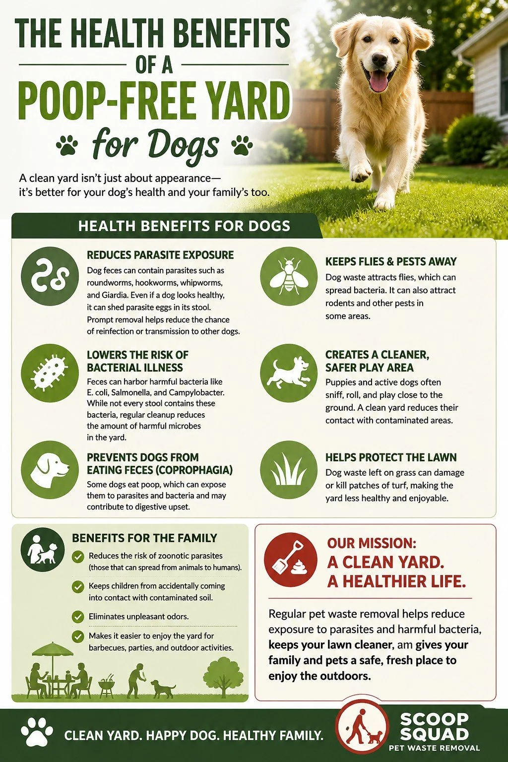 An infographic titled 'The Health Benefits of a Poop-Free Yard for Dogs' showing a happy dog in a clean yard. It lists benefits such as reducing parasite exposure, lowering bacterial illness risk, preventing feces ingestion, keeping flies away, creating a safer play area, and protecting the lawn. The infographic emphasizes a clean yard promotes a healthier life for families and pets, with a mission statement about pet waste removal.