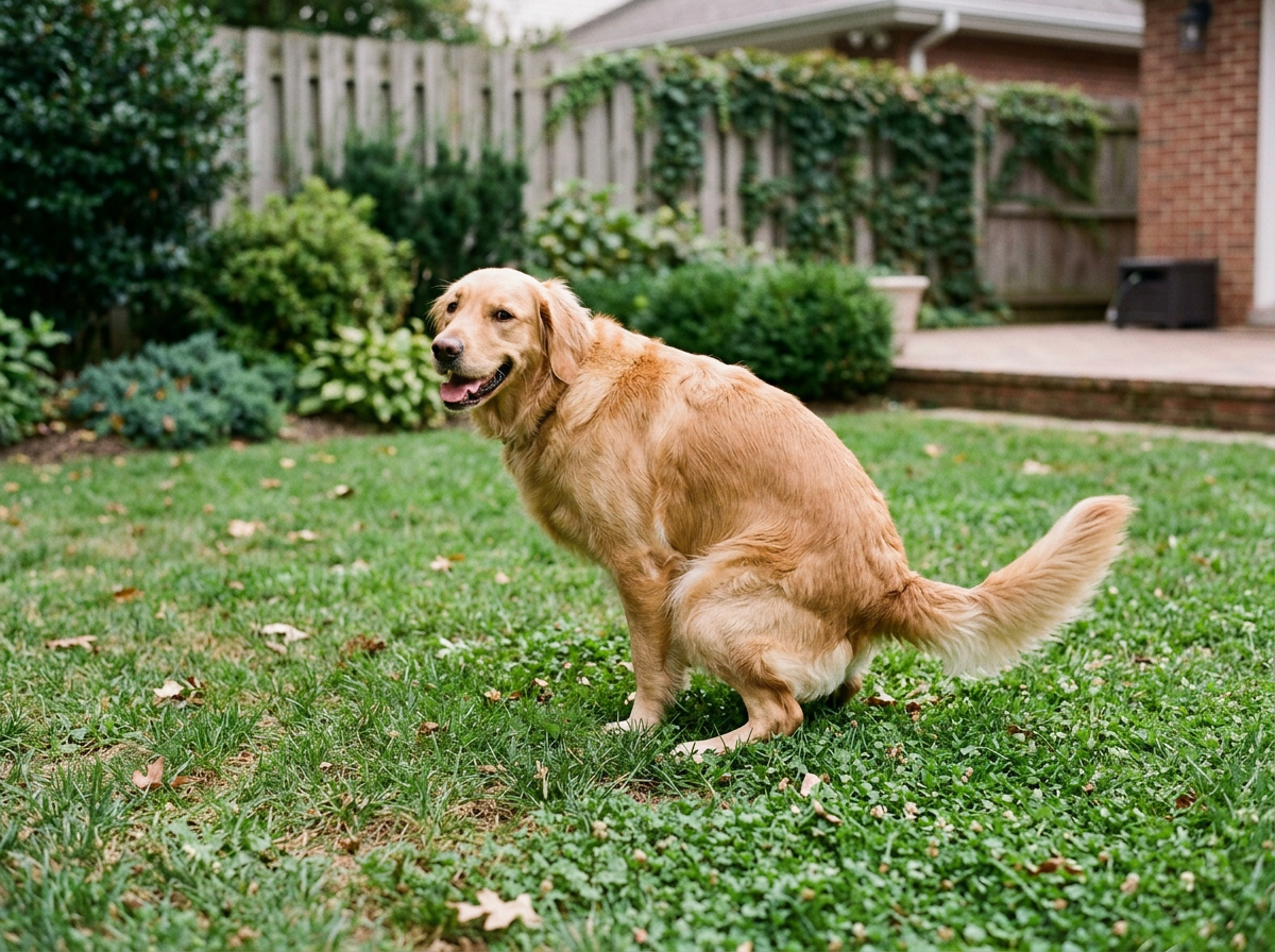 Golden retriever sitting on a green lawn in a backyard with a wooden fence, bushes, and a brick house in the background.