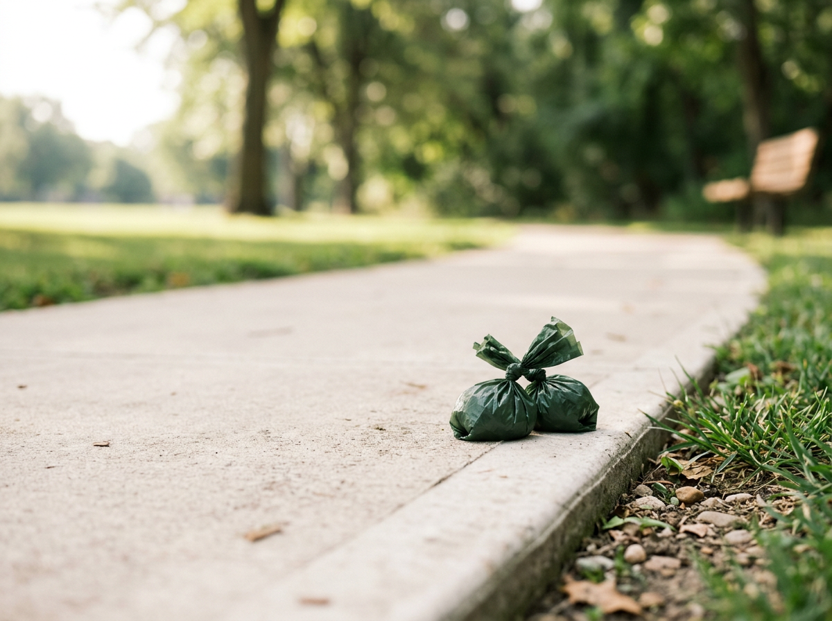 Three green trash bags tied together placed on a sidewalk near a grassy area in a park with trees and a bench in the background.