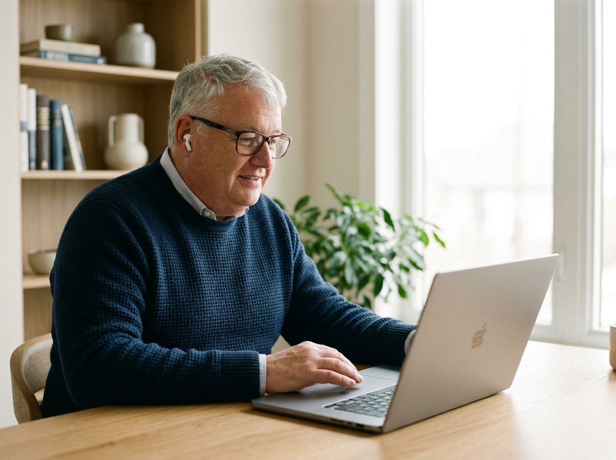An older man with gray hair and glasses is sitting at a wooden table, using a silver laptop. He is wearing a dark blue sweater and wireless earbuds, and there is a bookcase with books and decorative items behind him.