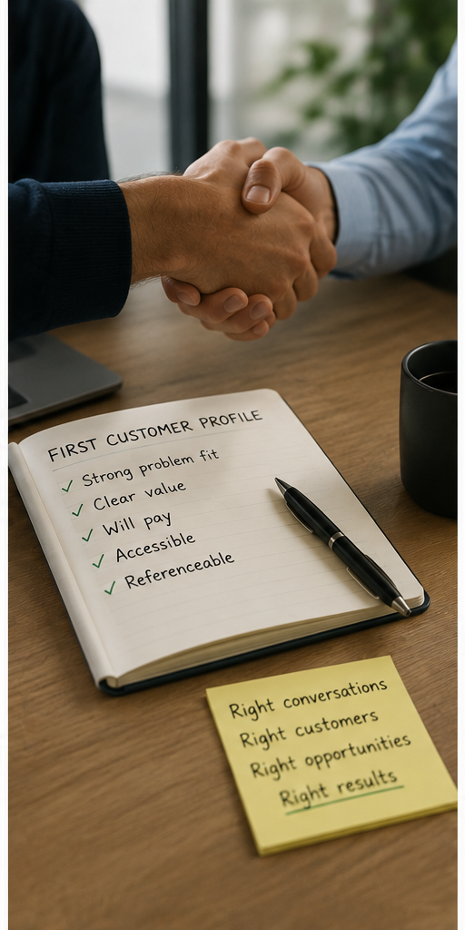 Two people shaking hands over a table with an open notebook listing customer profile qualities and a yellow sticky note with business-related notes.