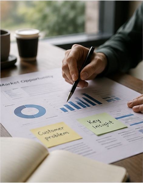 A person analyzing business data on a desk with charts and sticky notes labeled 'Customer Problem' and 'Key Insight'.