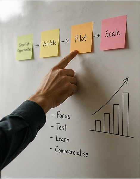 Person pointing at sticky notes on a whiteboard with a process flow from 'Shortlist Opportunities' to 'Scale'. Additional notes include 'Focus', 'Test', 'Learn', and 'Commercialise', alongside a bar graph with an upward trend arrow.
