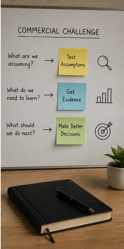 Whiteboard titled 'Commercial Challenge' with three steps: 'What are we assuming?' with a magnifying glass icon, 'What do we need to learn?' with a bar graph icon, and 'What should we do next?' with a target icon. Post-it notes in yellow, blue, and green display 'Test Assumptions,' 'Get Evidence,' and 'Make Better Decisions.' A potted plant is on the right side of the desk, and a black notebook with a pen is in the foreground.