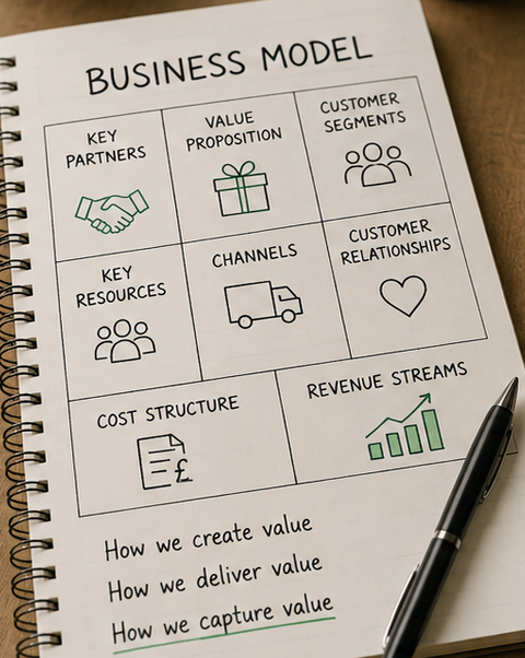 A printed page outlining a business model with sections for key partners, value proposition, customer segments, key resources, channels, customer relationships, cost structure, and revenue streams. Handwritten notes explain creating, delivering, and capturing value.