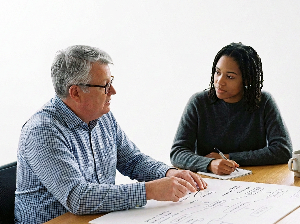 An older man with glasses and gray hair in a blue checkered shirt is sitting at a table, discussing with a younger woman with braided hair in a gray sweater. They are looking at a whiteboard with notes and diagrams.