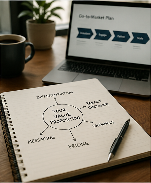 Notebook with a handwritten diagram of a value proposition on a desk, with a laptop showing a go-to-market plan and a coffee mug nearby.