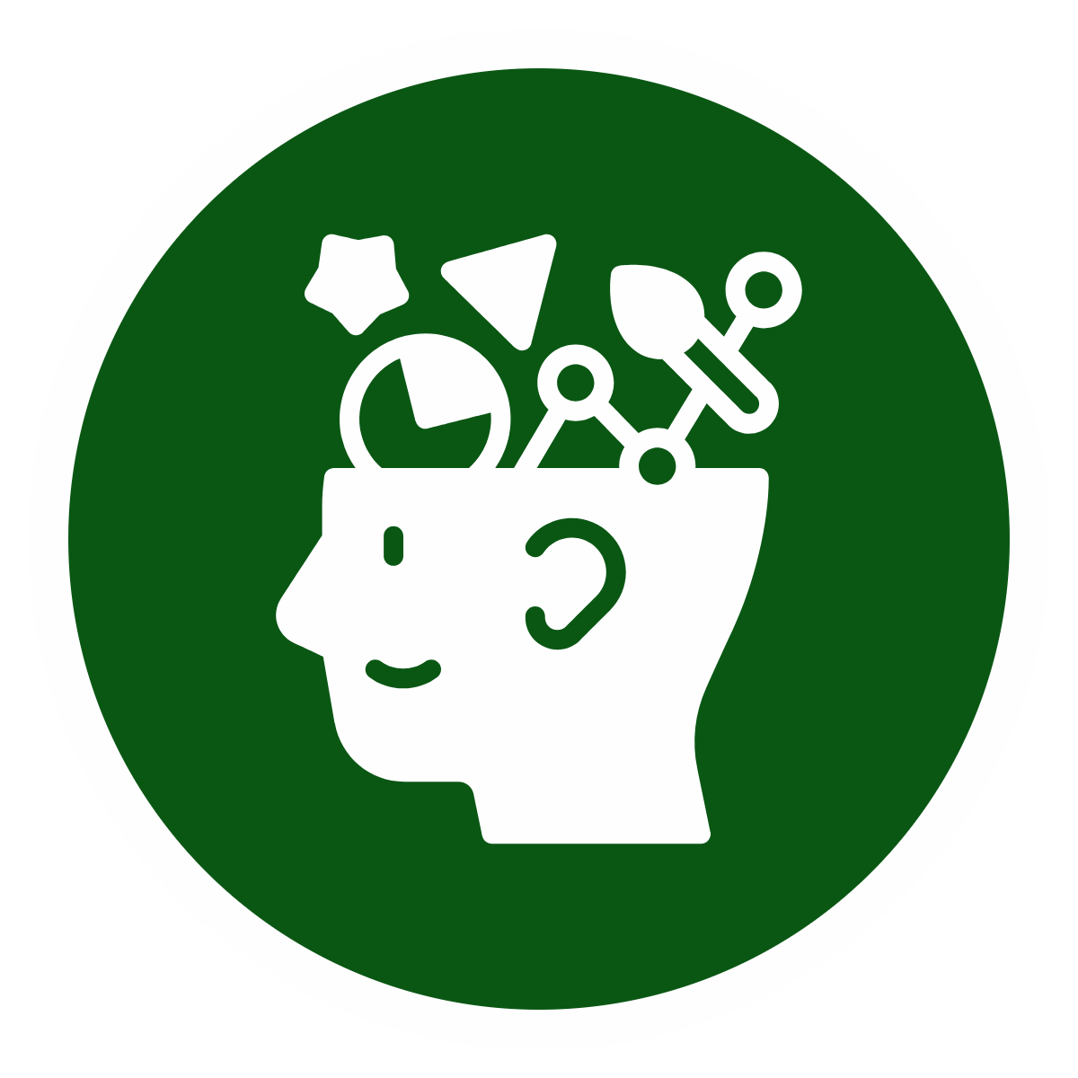 A graphic of a human head with various icons such as a star, a clock, a triangle, and a molecule inside it, representing thinking or brainstorming.