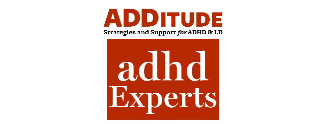 Book cover titled 'ADDITUDE: Strategies and Support for ADHD & LD,' with a large red box containing 'adhd Experts' in white text.