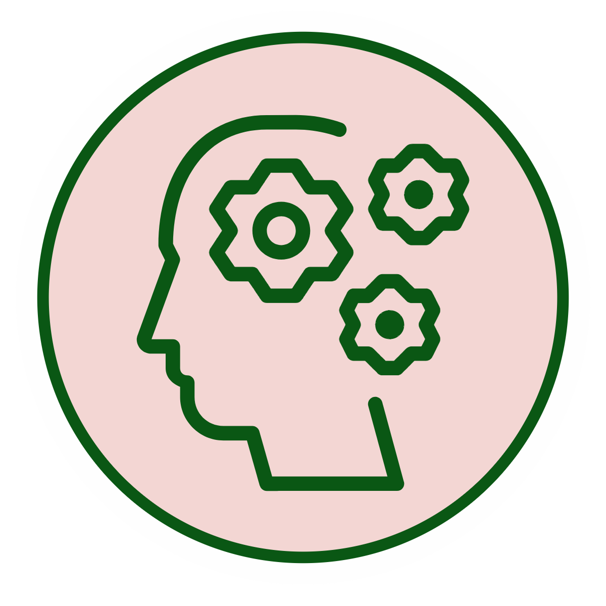 Outline of a human head with three gear icons inside, indicating thinking or mental process, on a pink background with a green border.