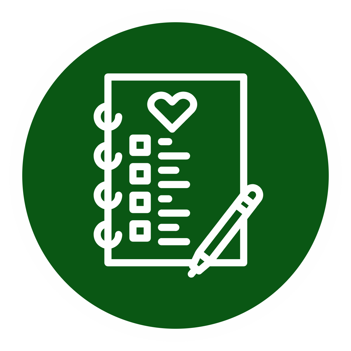Icon of a planner or notebook with a heart at the top, checkboxes, lines of text, and a pen, all in white on a green circular background.