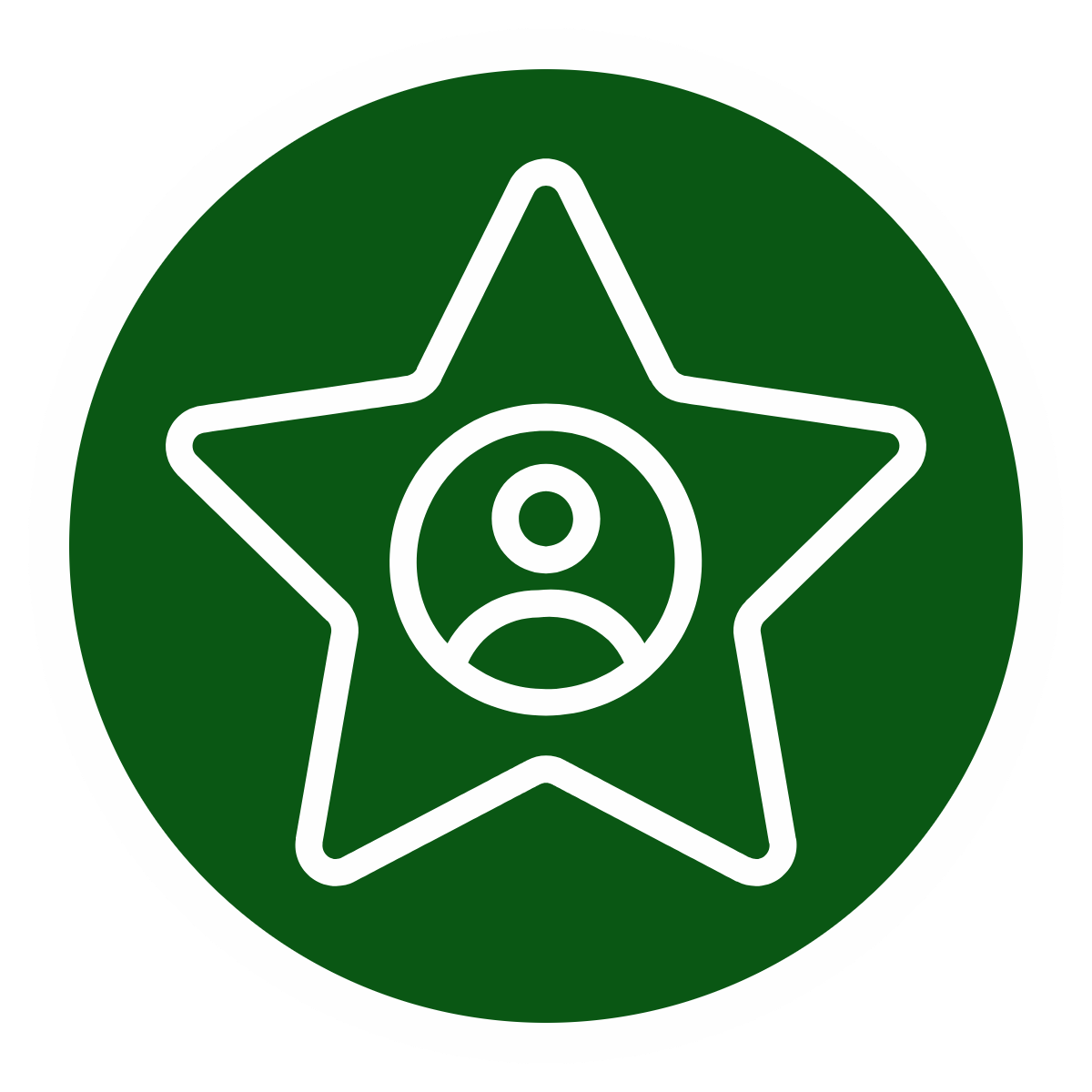 A green circular badge with a white star in the center, containing a sad face emoji.