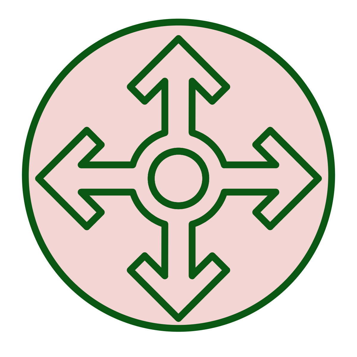 A circular graphic with a pink background and green outline, featuring four arrows pointing outward in four directions from a central circle.