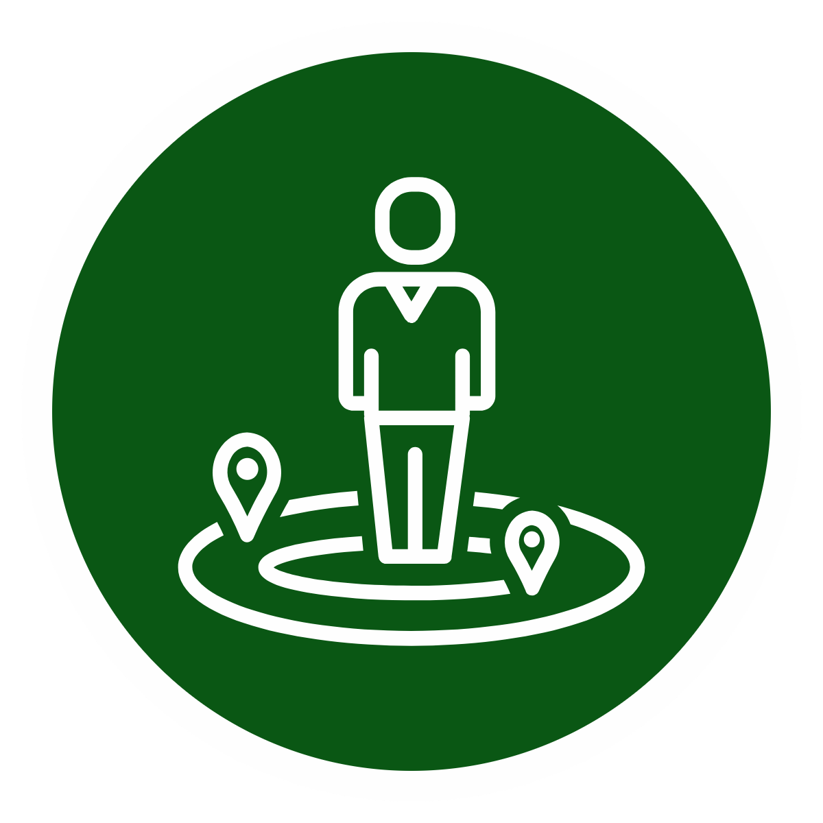 An icon of a person standing in the middle of a circular path with location pins, on a green background.
