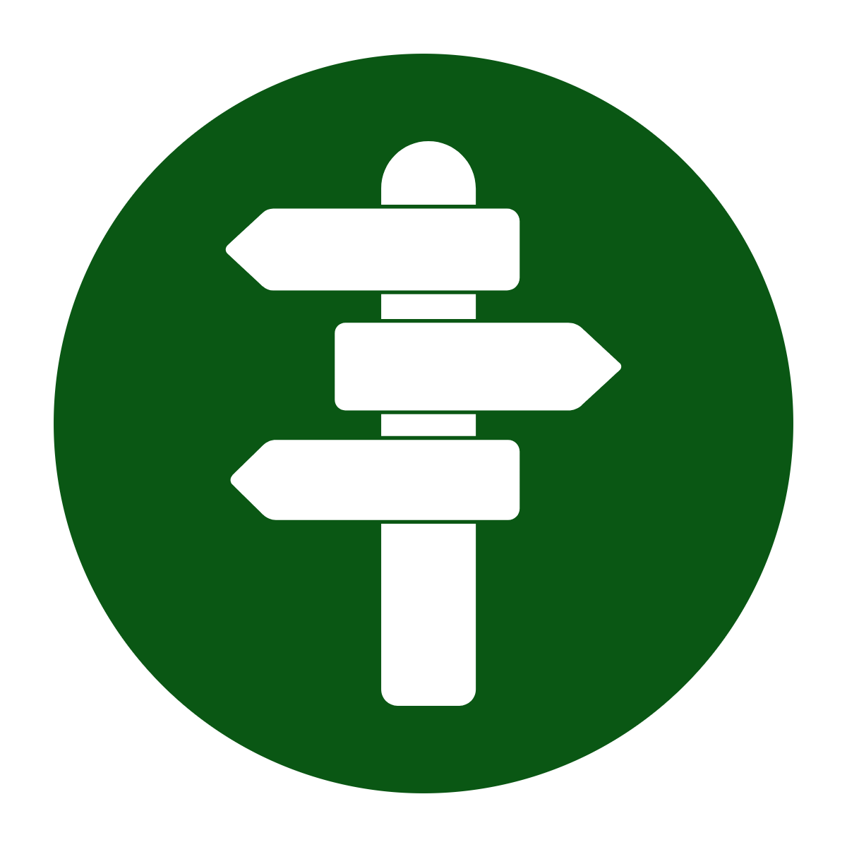 A green circular signs with three white directional arrows pointing left, right, and left, representing options or directions.