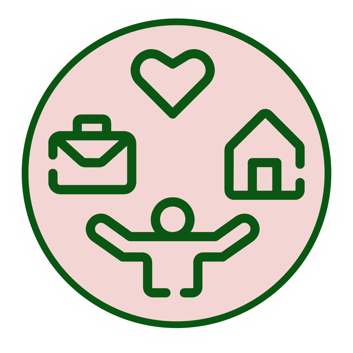 Icon with a person at the center surrounded by symbols for health, work, home, and love.