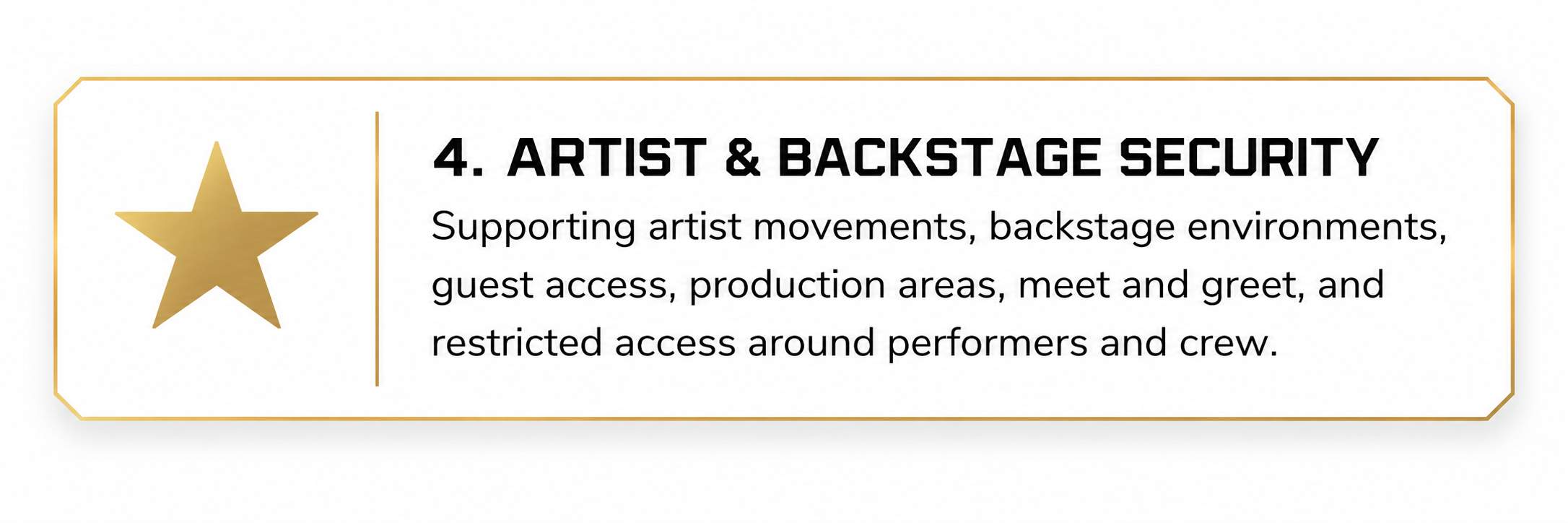 Gold star icon next to the heading '4. Artist & Backstage Security' with description about supporting artist movements, backstage environments, guest access, production areas, meet and greet, and restricted access around performers and crew.