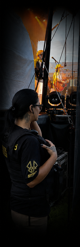 A Monarch security guard at a music concert watching two performers on stage, one playing guitar and the other singing, under bright stage lighting.