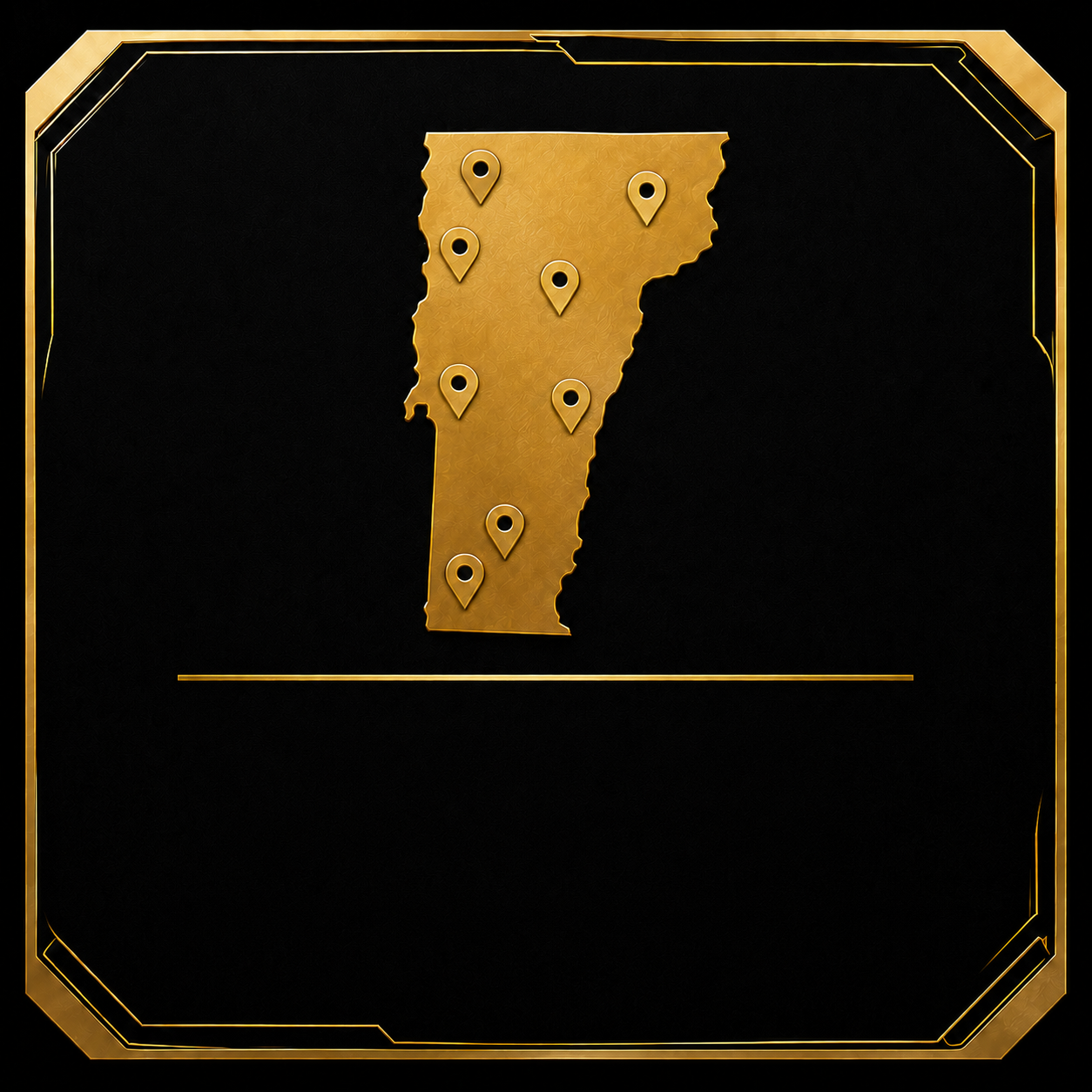 Gold outline of a map of Panama with location markers inside it, on a black background with gold border.