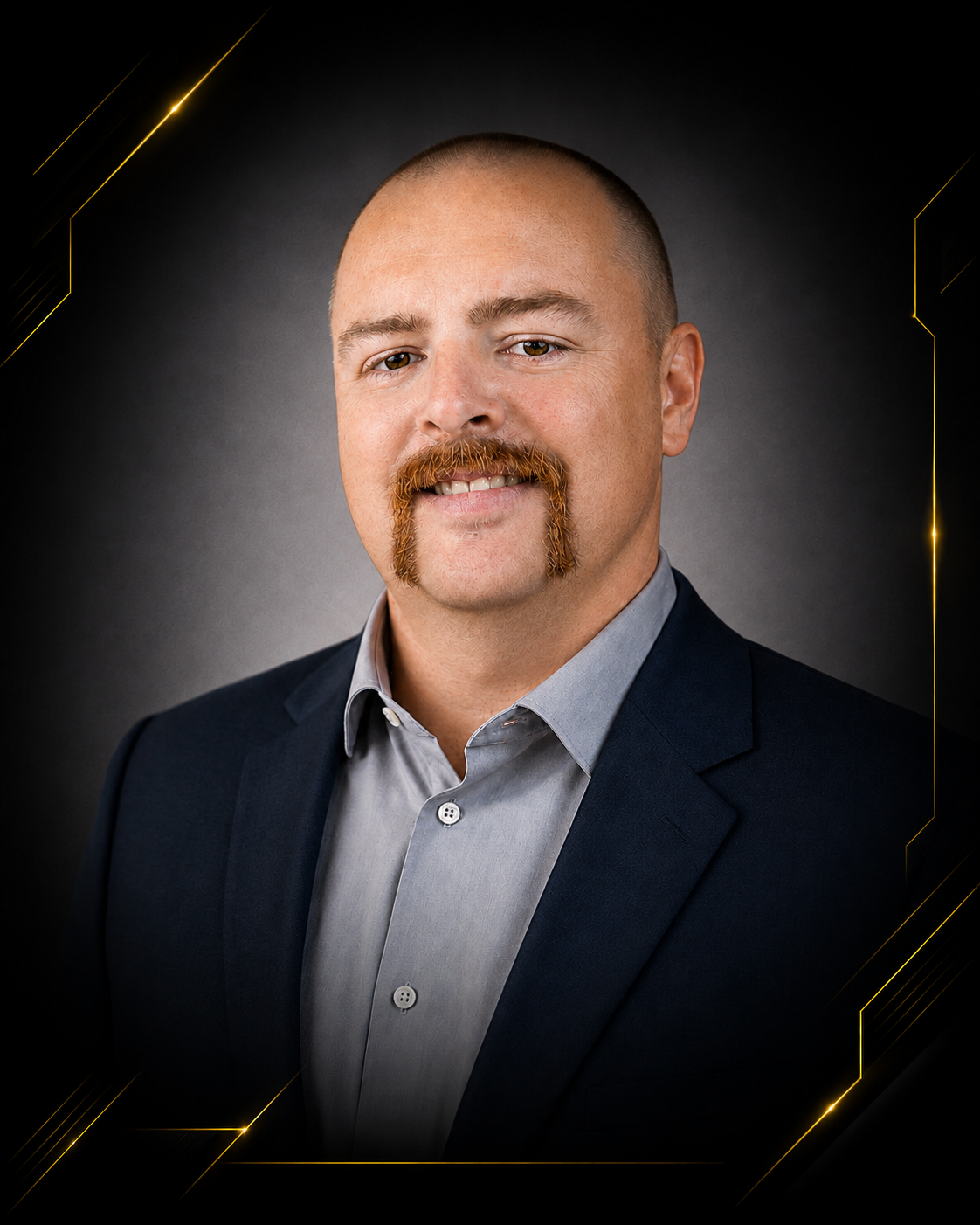 A professional headshot of a man with a bald head, a mustache, and a beard styled in curled mustache shapes, wearing a dark suit jacket and a light gray shirt, against a dark gray gradient background with gold accent lines.