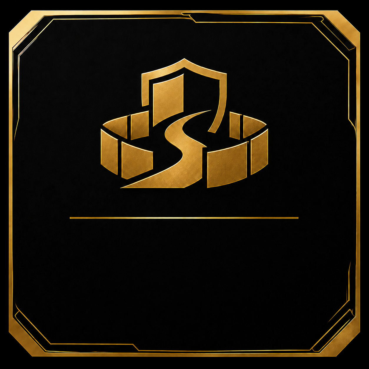 A black background with a gold emblem in the center featuring a shield, a winding road, and blocks.