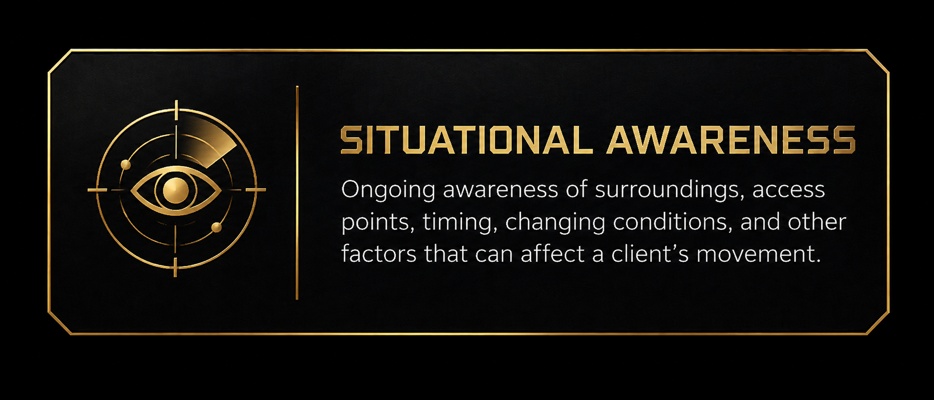 A graphic titled 'Situational Awareness' with a black background, gold border, and a gold eye icon inside a crosshair on the left. The text explains ongoing awareness of surroundings, access points, timing, changing conditions, and factors affecting movement.