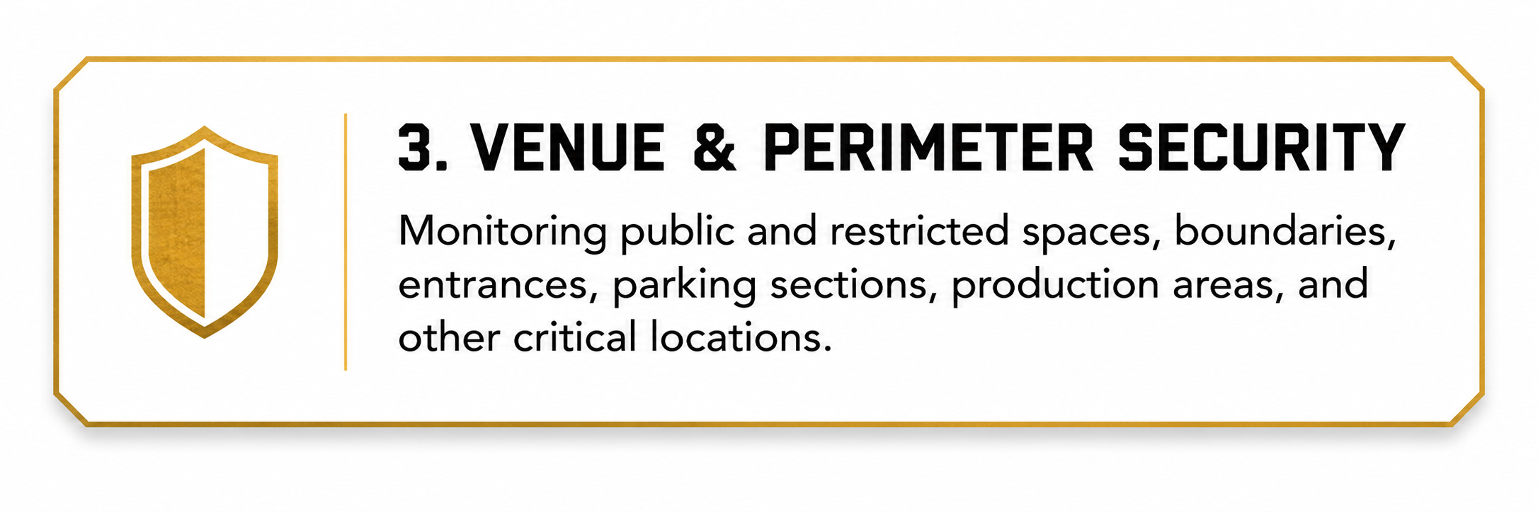 Sign about venue and perimeter security, with shield icon and black text on white background.