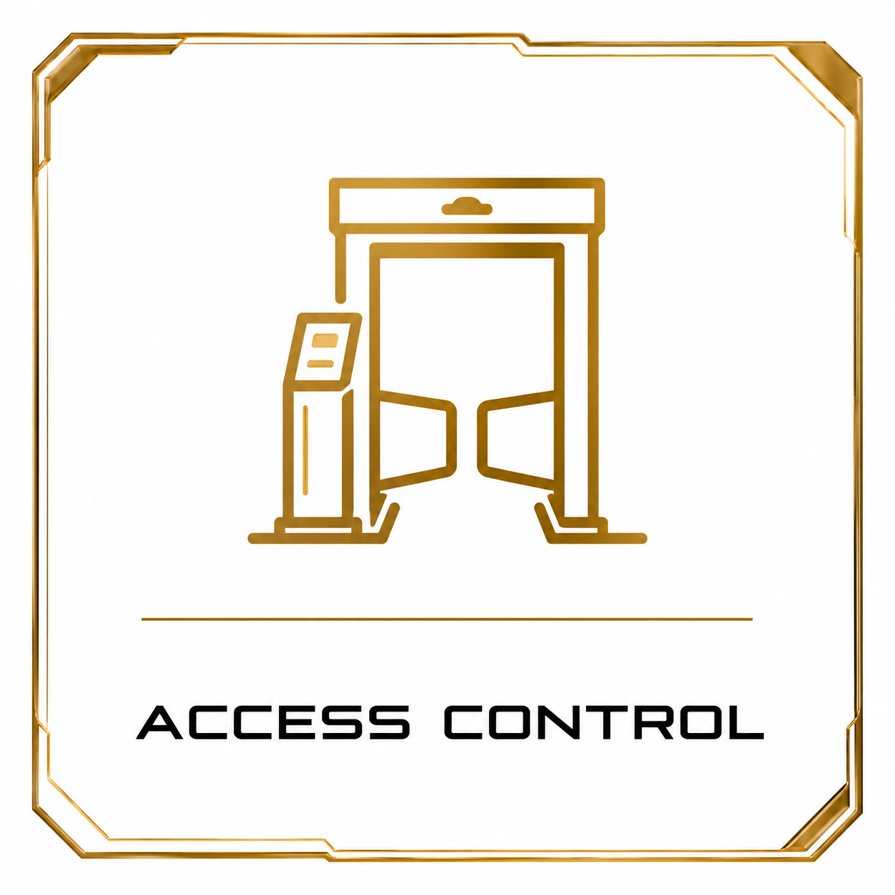 Gold outline of a turnstile gate with an access control panel on the side and the words 'Access Control' beneath.