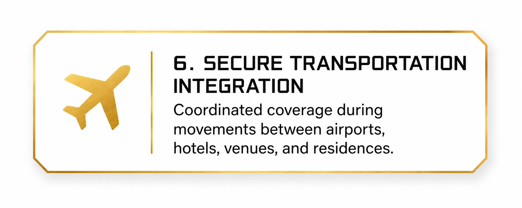 Information card with a gold airplane icon and text about secure transportation integration between airports, hotels, venues, and residences.