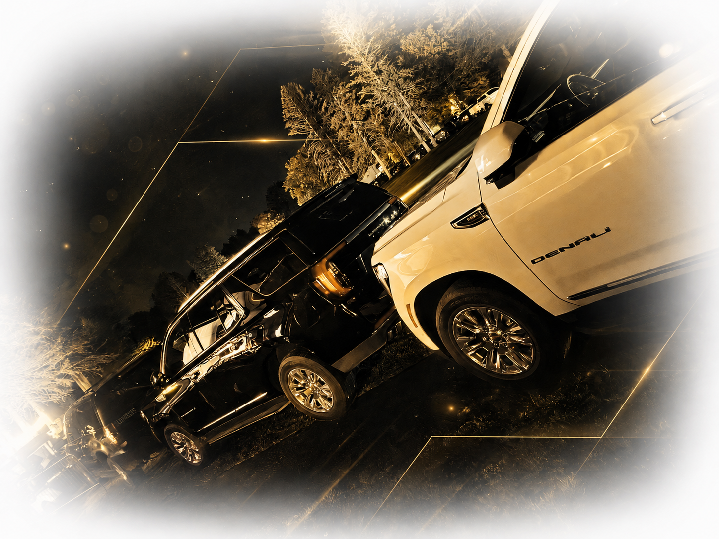 Nighttime scene with a monarch security suv's preparing for secure transport.