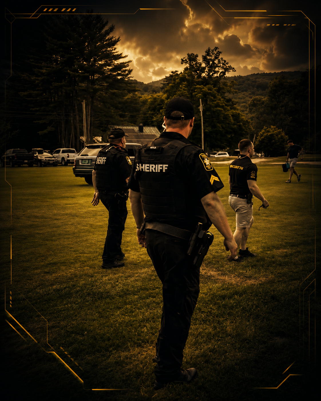 Several sheriff officers walking in a field during sunset, with trees, cars, and a Monarch security agent leading them during an operation.