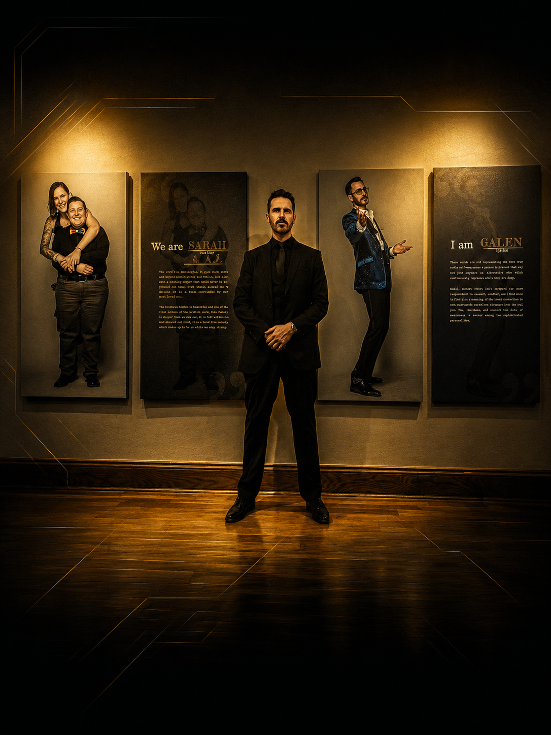 A Monarch security agent in a black suit standing with arms crossed in front of framed artwork and texts on a gallery wall.