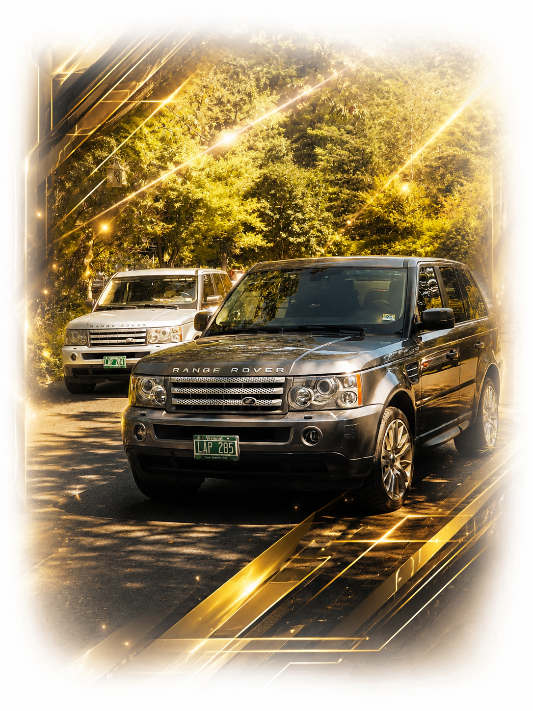 Two Range Rover SUVs, monarch security vehicles, parked outdoors with trees in the background.