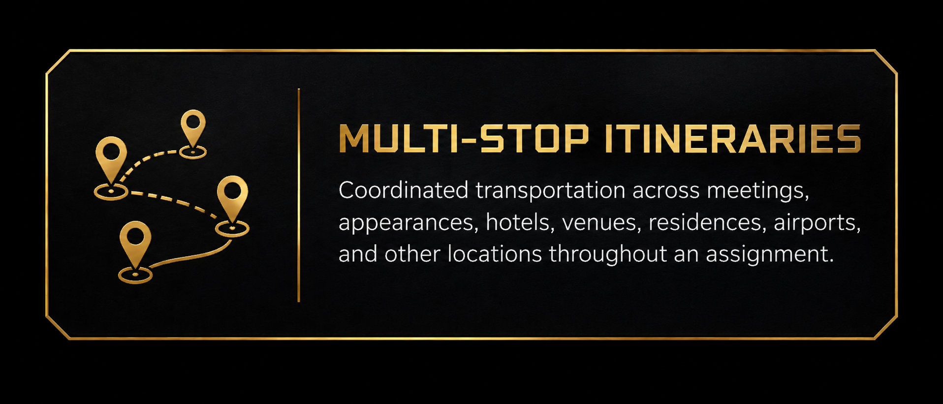 Black background with gold border and text, displaying an infographic about multi-stop itineraries with icons of a travel route.