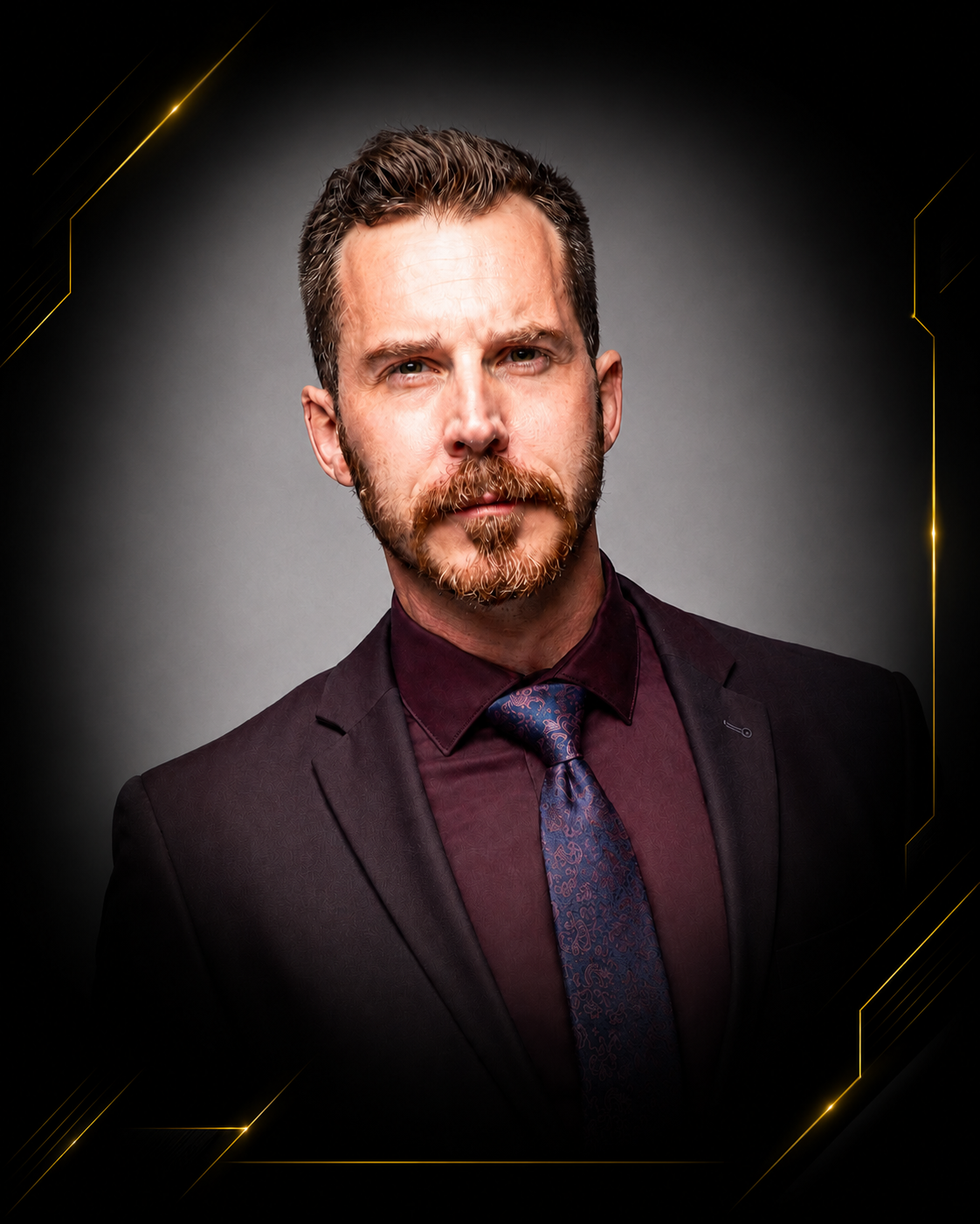 Portrait of a man with a beard and mustache, wearing a dark suit, maroon shirt, and patterned tie, against a gray background with gold accents.